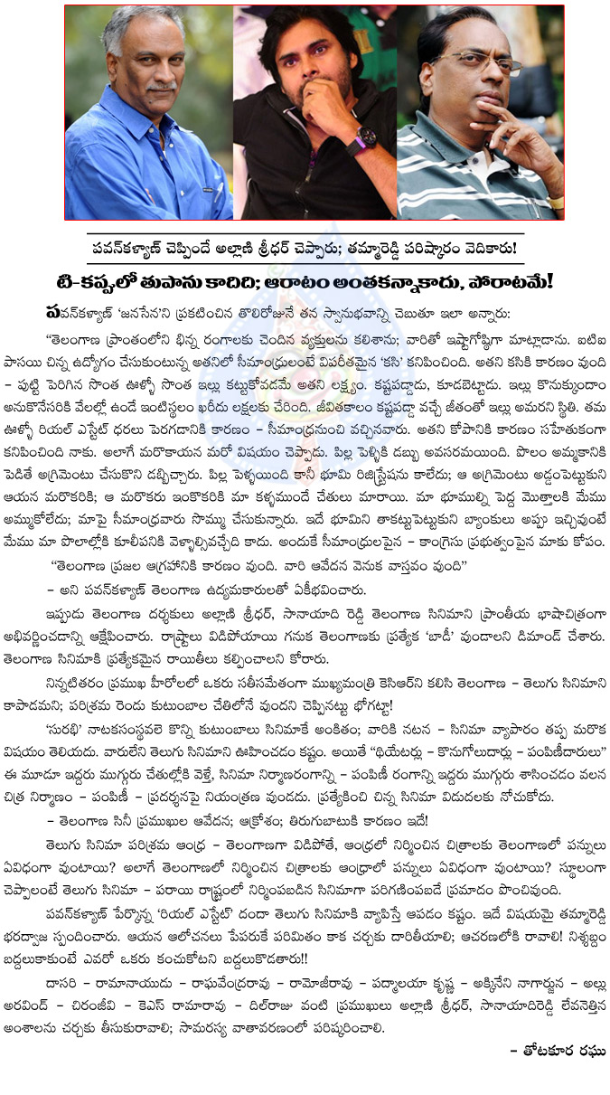 pawan kalyan,allani sridhar,tanikella bharani,telangana,seemandhra,tollywood industry,telugu film artists,kcr,janasena,pawan kalyan politics,power star pawan kalyan  pawan kalyan, allani sridhar, tanikella bharani, telangana, seemandhra, tollywood industry, telugu film artists, kcr, janasena, pawan kalyan politics, power star pawan kalyan